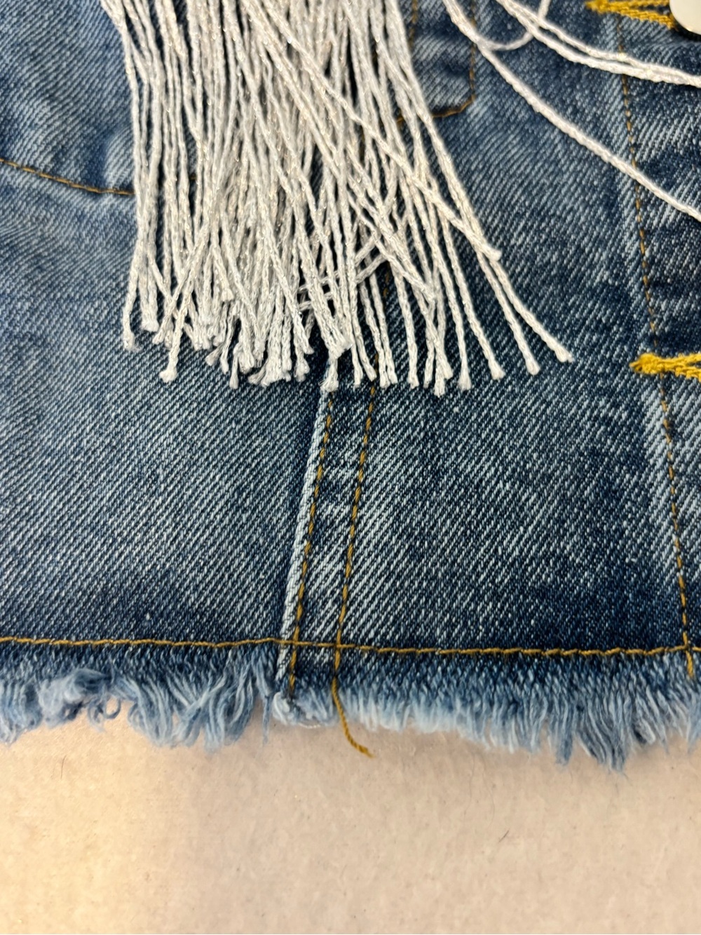Women’s Cropped Denim Jacket Silver Fringe Western Boho Approx M - Picture 7 of 7
